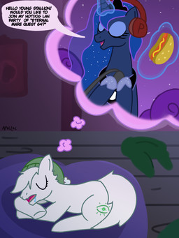 bodily_fluids dream drooling duo electronics eyes_closed female feral food headgear headphones headset holding_object horn hot_dog lying male saliva sleeping smile speech_bubble wings apollo_caelum_(artist) friendship_is_magic hasbro my_little_pony mythology emerald_sunshine princess_luna_(mlp) equid equine horse mammal mythological_creature mythological_equine pony winged_unicorn absurd_res colored digital_media_(artwork) hi_res