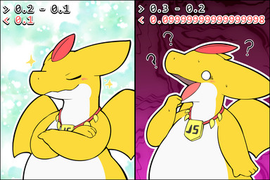 abstract_background ambiguous_gender anthro belly bodily_fluids chibi countershading crossed_arms jewelry math membrane_(anatomy) membranous_wings necklace necklace_only nude question_mark smug solo sweat sweatdrop white_belly white_body white_countershading white_skin wings yellow_body yellow_skin rao_(artist) javascript mythology dragon mythological_creature mythological_scalie scalie winged_dragon 2koma 3:2 comic japanese_description translated_description