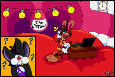 3_toes 4_fingers anthro big_feet big_tongue big_uvula cartoon_gloves cheek_bulge clock clothing computer computer_mouse desk duo electronics eyewear feet fingers furniture glasses in_mouth laptop light_bulb male male/male open_mouth overalls paws phone red_tongue shirt table thick_tongue toes tongue toony topwear uvula vore wearing_glasses wearing_gloves whiskers wide_tongue marquis2007 herman_(marquis2007) roderick_(tamerkoh) imp lagomorph leporid mammal rabbit absurd_res hi_res