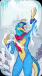 anthro beak blue_body cold looking_at_another male mountain scarf sky snow solo winter yellow_body yellow_eyes hynvale avian bird dinosaur oviraptor oviraptorid prehistoric_species reptile scalie spirit theropod hi_res