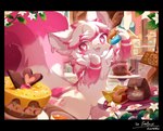 3_fingers :3 ambiguous_gender anthro arm_tuft bakery banner big_tail biped black_border black_nose border cake chest_tuft claws cupcake cute_fangs dessert detailed_background detailed_food dipstick_tail doughnut dripping dripping_heart dripping_pupils elbow_tuft featureless_crotch finger_claws fingers flower fluffy fluffy_tail food front_view fur furniture glistening glistening_eyes gloves_(marking) hair heart_food heart_pupils heart_symbol highlights_(coloring) holding_doughnut holding_food holding_object huge_tail kemono layered_heart leaf looking_at_viewer markings multicolored_body multicolored_ears multicolored_fur multicolored_hair multicolored_tail neck_tuft nude open_:3 open_mouth open_smile pastry pink_body pink_ears pink_eyes pink_fur pink_hair pink_highlights pink_tail plant pupils short_hair shoulder_tuft sign sign_graphic smile solo standing table tail tail_markings text thick_tail thick_thighs three-quarter_view tree tuft two_tone_body two_tone_ears two_tone_fur two_tone_hair two_tone_tail white_body white_claws white_ears white_fur white_hair white_inner_ear white_pupils white_tail nemesia/haineko parfait_(yesthisisgoocat) felid feline goo_creature mammal absurd_res colored detailed digital_media_(artwork) hi_res portrait shaded signature three-quarter_portrait nonbinary_(lore)