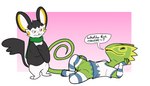 annoyed anthro blush clothed clothing dialogue duo legwear male partially_clothed seductive shirt stockings topwear flytermo2 nintendo pokemon flytermo_(character) lee_the_kec emolga generation_3_pokemon generation_5_pokemon kecleon pokemon_(species) 7:4 absurd_res hi_res