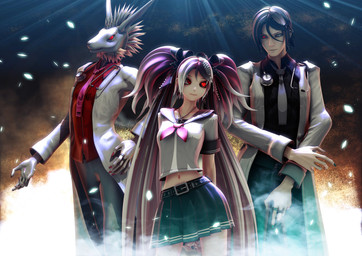 anthro asian_clothing belt black_hair black_sclera bottomwear carrying_another clothing coat digit_ring east_asian_clothing female female_human finger_ring glowing glowing_eyes gradient_hair group hair japanese_clothing japanese_school_uniform jewelry lab_coat long_hair looking_at_another male male_anthro male_human midriff mohawk navel necktie on_head pleated_skirt purple_hair red_eyes school_uniform serafuku skirt topwear trio_focus twintails_(hairstyle) uniform deino_(artist) deino_(modeler) bani-sama_(deino) calne_ca magnesium_(deino) nato-kun ambient_arthropod ambient_cockroach ambient_insect arthropod crustacean human isopod lagomorph leporid malacostracan mammal rabbit 3d_(artwork) autodesk_3ds_max_(artwork) digital_media_(artwork)