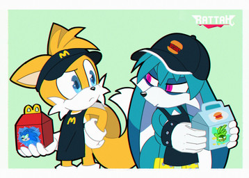 2_tails 5_fingers anthro apron black_bracelet black_nose blue_body blue_eyes blue_fur blue_hair blue_tail bracelet clothed clothing dipstick_tail duo eye_contact fingers floppy_ears front_view frown fur gloves green_hair hair hand_on_hip handwear hat headgear headwear holding_object jewelry looking_at_another male markings multi_tail multicolored_body multicolored_fur orange_body orange_fur orange_tail purple_eyes simple_background standing studded_bracelet studded_jewelry studs tail tail_markings two_tone_body two_tone_fur white_body white_clothing white_fur white_gloves white_handwear white_tail rattah burger_king happy_meal idw_publishing mcdonald's sega sonic_the_hedgehog_(comics) sonic_the_hedgehog_(idw) sonic_the_hedgehog_(series) kitsunami_the_fennec miles_prower sonic_the_hedgehog surge_the_tenrec canid canine canis domestic_dog fennec_fox fox hybrid mammal red_fox true_fox 2022 chromatic_aberration digital_media_(artwork) hi_res portrait three-quarter_portrait