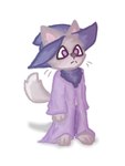 clothed clothing fur grey_body grey_fur hat headgear headwear male purple_clothing simple_background solo tail witch_costume witch_hat pleskoslez canid canine canis mammal wolf