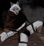 anthro arm_wraps bottomwear bulge clothed clothing feet foot_wraps fur leg_pouch looking_at_viewer male poncho smile solo spread_legs spreading teeth wraps heiqi0 dreamworks puss_in_boots_(franchise) death_(puss_in_boots) canid canine canis mammal wolf hi_res watermark