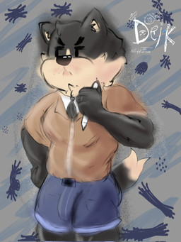 accessory anthro big_muscles blue_bottomwear blue_clothing blue_shorts bottomwear brown_clothing brown_shirt brown_topwear clothing eyebrows furrowed_eyebrows holding_object holding_pen looking_at_viewer male muscular necktie pen shirt shorts simple_background slightly_chubby smile smirk solo standing tail text thick_eyebrows topwear ugly-rat15508 jess_(ugly-rat15508) canid canine canis domestic_dog mammal 3:4 absurd_res digital_media_(artwork) english_text hi_res sketch