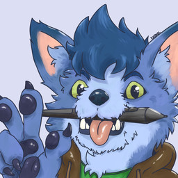 anthro clothed clothing fur gesture hand_gesture looking_at_viewer male object_in_mouth open_mouth pen_in_mouth simple_background smile solo tongue topwear v_sign krekel canid canine canis mammal 1:1 digital_media_(artwork) hi_res