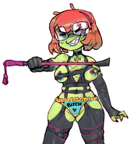 accessory antennae_(anatomy) anthro areola arm_warmers armwear barbell_piercing biped black_latex black_nails black_nipples bottomwear breasts choker clothing colored_nails cross eyes_closed eyewear female freckled_face freckled_shoulders freckles glasses green_body green_skin grin hair hair_accessory hairband holding_object holding_paddle holding_sex_toy jewelry latex latex_arm_warmers latex_armwear latex_bottomwear latex_clothing latex_topwear monotone_background nails necklace nipple_barbell nipple_piercing nipples orange_hair panties piercing pink_piercing sex_toy sharp_nails sharp_teeth short_hair simple_background smile solo squish standing teal_areola teeth text text_on_clothing text_on_panties text_on_underwear thigh_squish topwear underwear wearing_glasses white_background foursnail selena_(foursnail) gastropod mollusk snail