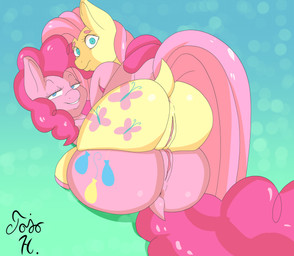 anus bedroom_eyes big_butt butt butt_stack cutie_mark dock_(anatomy) duo female female/female feral genitals hair looking_at_viewer looking_back looking_back_at_viewer lying narrowed_eyes on_back pink_hair presenting presenting_anus presenting_hindquarters presenting_vulva seductive simple_background smile tail take_your_pick vulva wide_eyed jojo_hernandez friendship_is_magic hasbro my_little_pony fluttershy_(mlp) pinkie_pie_(mlp) earth_pony equid equine horse mammal pony absurd_res hi_res