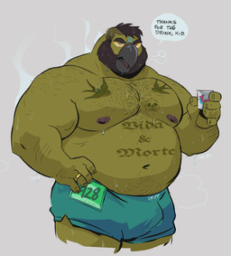 anthro barazoku beak beard belly belly_hair belly_tattoo biceps black_beard black_eyebrows black_facial_hair black_hair bodily_fluids body_hair chest_hair chest_tattoo clothed clothing eyebrows facial_hair grey_background hair male musclegut muscular muscular_male nipples pecs ring shaved_sides simple_background solo speech_bubble sweat talking_to_viewer tattoo text topless topless_male dramamine avian bird macaw neotropical_parrot parrot true_parrot english_text hi_res
