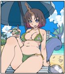 1_horn 5_fingers ball beach_chair beach_umbrella belly beverage big_breasts bikini blue_eyes brazilian_flag breasts clothed clothed_female clothed_humanoid clothing cloud day detailed_background female female_humanoid fingers green_bikini green_clothing green_swimwear highlights_(coloring) holding_beverage holding_glass holding_object horn light_body light_skin looking_at_viewer navel open_mouth open_smile outside palm_tree parasol plant sand sea seashell seaside shell sky smile soccer_ball solo string_bikini swimwear tail thick_thighs tree two-piece_swimsuit water pantsu-ripper miss_kobayashi's_dragon_maid mythology elma_(dragon_maid) animal_humanoid dragon dragon_humanoid humanoid mythological_creature mythological_scalie scalie 2025 digital_drawing_(artwork) digital_media_(artwork) hi_res portrait three-quarter_portrait