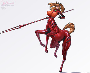 action_pose arms_bent belly bent_arm bent_legs big_breasts blue_eyes bodysuit bottomwear breasts brown_body brown_fur brown_hair clothed clothing ear_wear female flowing_hair fur furgonomic_bodysuit furgonomic_bottomwear furgonomic_topwear furgonomics glistening glistening_clothing hair holding_object holding_weapon hooves jumping long_hair looking_at_viewer melee_weapon nipple_outline number_on_clothing pecs pigtails plugsuit pointy_ears polearm pose prick_ears quadruped red_bodysuit red_clothing red_skinsuit shadow simple_background skinsuit small_upper_body solo spear straight_hair tail tan_body tan_skin text tight_clothing unguligrade weapon white_background gutsumi european_mythology greek_mythology mythology neon_genesis_evangelion asuka_langley_soryu centaur equid equid_taur equine equine_taur humanoid_taur mammal mammal_taur taur 2026 colored digital_drawing_(artwork) digital_media_(artwork) full-length_portrait hi_res line_art portrait shaded signature soft_shading url young_(lore)