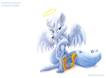 anthro feathered_wings feathers female halo lyre musical_instrument plucked_string_instrument simple_background solo string_instrument tail white_background wings dawkz toon-ca7 canid canine fox mammal