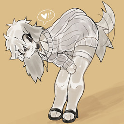 :3 accessory anthro bent_over big_breasts black_bra black_clothing black_eyes black_underwear bra breasts cleavage clothed clothing collar collar_tag dark_ears dark_tail female floppy_ears fluffy footwear fur garter hair heart_symbol high_heels jewelry long_ears looking_back lop_ears messy_hair necklace paws shoes solo sweater tail tail_motion tailwag tan_body tan_fur topwear underwear white_clothing white_sweater white_topwear uovo ume_(uovo) canid canine canis domestic_dog mammal 1:1 hi_res