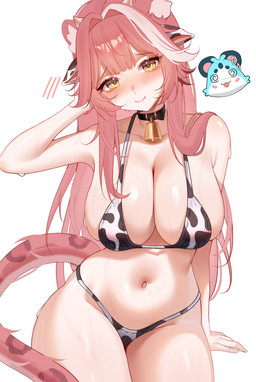 animal_print animal_print_bikini bell bell_collar belly big_breasts bikini blush breasts clothing collar cow_print cow_print_bikini curvy_figure female hair hucow navel pattern_bikini pattern_clothing pattern_swimwear pink_hair pink_tail solo swimwear tail two-piece_swimsuit voluptuous voluptuous_female wet wet_body yellow_eyes sinonamoni hololive hololive_en vtuber raora_panthera animal_humanoid felid felid_humanoid humanoid mammal mammal_humanoid pantherine pantherine_humanoid absurd_res hi_res