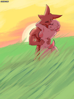 anthro big_breasts breasts duo female fur male male/female pink_body pink_fur red_body red_fur kamino1 floria_(kamino1) kamino_(kamino1) bovid canid canine caprine goat mammal absurd_res hi_res