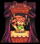 accessory anthro candle card clothing female fire furniture gloves hair_accessory hairband handwear looking_at_viewer open_mouth open_smile playing_card smile solo table text candycatstuffs classic_sonic_(universe) sega sonic_the_hedgehog_(series) classic_amy_rose eulipotyphlan hedgehog mammal english_text hi_res