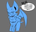 angry anthro big_breasts blush breasts cleavage clothed clothing cross-popping_vein dialogue fangs female hand_on_hip looking_at_viewer pulling_shirt_down solo speech_bubble teeth text underwear wings somedivs sega sonic_the_hedgehog_(series) rouge_the_bat bat mammal english_text hi_res sketch