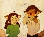 anthro blood blush bodily_fluids brown_hair canid canine clothed clothing duo ears_down english_text eyewear facepalm female fox glasses hair hands_behind_back male mammal nosebleed pivoted_ears red_eyes shirt simple_background smug standing tatujapa text topwear