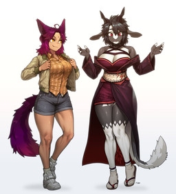 5_fingers anthro asian_clothing blue_bottomwear blue_clothing blue_shorts boots bottomwear breasts clothing dress duo east_asian_clothing female fingers footwear fur jacket japanese_clothing pattern_clothing pattern_topwear plaid plaid_clothing plaid_topwear plantigrade red_eyes sandals shoes shorts simple_background smile socks tabi_socks tail topwear white_background yellow_eyes zori pgm300 mythology chabett iori_(ryushiko) animal_humanoid cat_humanoid domestic_cat dragon felid felid_humanoid feline feline_humanoid felis furred_dragon furred_scalie humanoid mammal mammal_humanoid mythological_creature mythological_scalie reptile scalie wingless_dragon 2022 absurd_res character_request hi_res