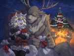 anthro antlers blonde_hair blue_eyes blush brown_body brown_fur christmas_lights christmas_star christmas_tree christmas_tree_topper clothed clothing embarrassed female fire fur gift group hair holidays horn male outside plant topless tree white_body white_fur rpbbw christmas canid canine canis deer domestic_dog mammal new_world_deer reindeer wolf