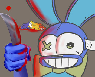 anthro blood blue_body bodily_fluids crazy_eyes death duo evil_face evil_grin insane knife male smile yellow_body rabbit5gamer family_guy_death_pose animate_inanimate lagomorph leporid mammal rabbit meme