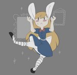 4chan_anon alice_(alice_in_wonderland) alice_in_wonderland anonymous_artist anthro blonde_hair clothed clothing coupon_alice dress female hair humanoid lagomorph legwear leporid mammal rabbit solo stockings