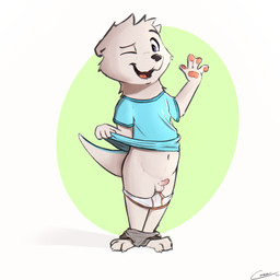 anthro balls biped black_nose blue_clothing blue_shirt blue_t-shirt blue_topwear bottomwear bottomwear_down cheek_tuft claws clothed clothing clothing_lift erection eyebrows facial_tuft front_view genitals gesture glans head_tuft humanoid_genitalia humanoid_penis looking_at_viewer male navel one_eye_closed open_mouth open_smile pants pants_down partially_clothed penis plantigrade presenting presenting_penis shirt shirt_lift simple_background small_balls small_penis smile solo standing t-shirt tan_body toe_claws tongue topwear tuft underwear underwear_down waving waving_at_viewer wink winking_at_viewer young young_anthro young_male comatose mammal mustelid otter 1:1 2023 absurd_res dated full-length_portrait hi_res portrait signature