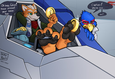 3_toes anthro barefoot claws clothed clothing dialogue duo feet feet_up foot_fetish foot_focus foot_play male pawpads paws soles speech_bubble toe_claws toes rous_fox nintendo star_fox falco_lombardi fox_mccloud hi_res
