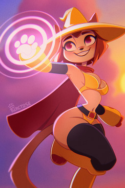 anthro belt bra breasts brown_body brown_hair cape clothing eyebrows eyelashes female hair hat headgear headwear legwear magenta_eyes navel panties smile solo thick_thighs thigh_highs underwear whiskers witch_hat furctose gameoverse glitch_productions kit_bodega domestic_cat felid feline felis mammal 2026 hi_res