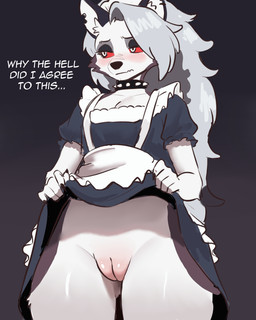 anthro black_clothing black_ears blush body_blush bottomless bottomless_female breasts choker clothed clothing clothing_lift collar dialogue dress dress_lift ear_piercing embarrassed eyelashes eyeliner female female_anthro fur genitals glistening glistening_body grey_hair hair inner_ear_fluff innie_vulva jewelry long_hair looking_away maid_headdress maid_uniform makeup medium_breasts midriff necklace no_underwear partially_clothed piercing plump_labia pupils red_eyes red_sclera solo spiked_collar spikes standing text thick_thighs topwear tuft uniform vulva vulva_blush remesh hellaverse helluva_boss mythology loona_(helluva_boss) canid canid_demon canine demon hellhound mammal mythological_canine mythological_creature absurd_res hi_res