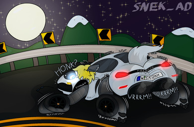 car exhaust exhaust_smoke fluffy fluffy_tail honking_horn latex machine moon mountain night outside pawpads road solo star tail text tire transformation vehicle vehicle_transformation snek_ad porsche sarah_van_fiepland animate_inanimate canid canine canis living_car living_machine living_vehicle mammal wolf 2025 digital_media_(artwork) hi_res
