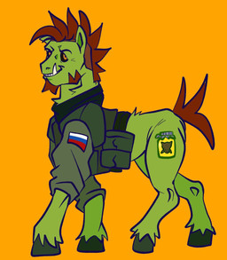 black_sclera brown_tail clothed clothed_feral clothing cutie_mark feral hooves looking_at_viewer male male_feral military mohawk patch_(fabric) russian_federation russian_flag simple_background smile smiling_at_viewer smug soldier solo standing tail underbite unguligrade uniform unsigned warrior what yellow_background gala_bobs hasbro krotovukha_(meme) my_little_pony earth_pony equid equine horse hybrid mammal orc pony 2023 digital_media_(artwork) flat_colors hi_res paint_tool_sai_(artwork) russian_description translated_description