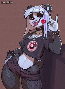 alternative_fashion anthro bangs bottomwear bracelet braces candy clothed clothing cocked_hip collar crop_top crossdressing daisy_dukes denim denim_bottomwear denim_clothing denim_shorts dessert eyebrows femboy fishnet_clothing fishnet_leggings fishnet_legwear food goth hair holding_candy holding_food holding_lollipop holding_object hotpants jewelry leggings legwear lollipop long_hair looking_at_viewer male midriff narrowed_eyes navel panties piercing purple_eyes raised_eyebrow shirt shorts smile smug solo spiked_bracelet spiked_collar spikes teeth thick_thighs thong thong_straps tongue tongue_out topwear underwear wide_hips duase panda_express bear giant_panda mammal hi_res