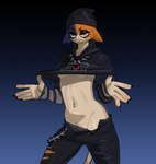 anthro biped blue_body blue_fur breasts clothed clothing clothing_lift female fur navel navel_piercing orange_body orange_fur piercing shirt shirt_lift solo topwear under_boob pulred epic_games fortnite meow_skulls domestic_cat felid feline felis mammal hi_res