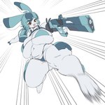 alternate_species anthro armwear belly big_breasts blue_eyebrows blue_hair breasts bulging_breasts clothed clothed_anthro clothed_female clothing eyebrows female female_anthro front_view furrification gun hair holding_gun holding_object holding_ranged_weapon holding_weapon huge_breasts kick long_ears motion_blur navel open_mouth open_smile panties ranged_weapon simple_background smile solo thick_thighs underwear weapon gyrbdark destiny_2 jade_rabbit_(gyrbdark) lagomorph leporid mammal rabbit 1:1 2025 absurd_res alternate_version_at_source digital_drawing_(artwork) digital_media_(artwork) full-length_portrait hi_res portrait