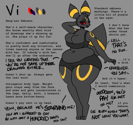 anthro anthrofied belly big_belly big_breasts black_body bottom_heavy breaking_the_fourth_wall breasts dialogue female huge_thighs looking_at_viewer markings multicolored_body navel overweight overweight_anthro overweight_female profanity purple_eyes red_sclera simple_background solo standing text thick_thighs yellow_body zandyzolo nintendo pokemon vi_(zandyzolo) eeveelution generation_2_pokemon pokemon_(species) umbreon english_text hi_res model_sheet