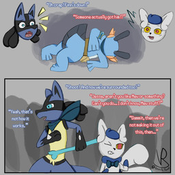 anthro bone bow_ribbon dialogue fanny_pack female group male male/female mostly_nude scarf scarf_only simple_background surrounded text trio vanilla_road family_guy_death_pose nintendo pokemon pokemon_mystery_dungeon spike_chunsoft belle_(vanilla_road) finn_(vanilla_road) jesse_(vanilla_road) amphibian canid canine felid feline generation_3_pokemon generation_4_pokemon generation_6_pokemon lucario mammal meowstic pokemon_(species) swampert 1:1 comic english_text hi_res meme