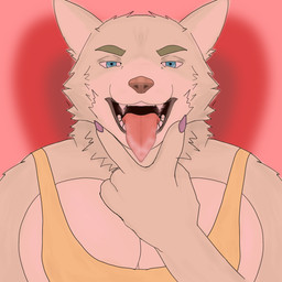 5_fingers anthro black_lips blue_eyes brown_nose cheek_tuft clothing colored_nails eyebrows facial_tuft fangs fingers grey_body heart_background heart_pupils lips male male_anthro nails neck_tuft pecs purple_nails shirt simple_background solo tank_top teeth tongue tongue_out topwear tuft christoheaven canid canine canis mammal wolf 1:1 hi_res