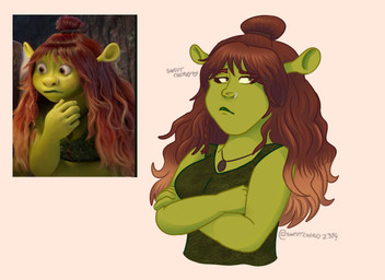 5_fingers arms_bent breasts brown_eyes brown_hair brown_hair_tie closed_frown clothed clothed_female clothed_humanoid clothing crossed_arms ear_stalk eyebrow_through_hair eyebrows eyelashes facial_piercing female female_humanoid fingers frown green_body green_clothing green_lips green_shirt green_skin green_tank_top green_topwear hair hair_bun heart_symbol jewelry lips long_hair mouth_closed necklace nose_piercing nose_ring not_furry piercing red_eyebrows red_hair ring_piercing screencap shirt simple_background solo tan_background tank_top text topwear translucent translucent_hair unimpressed wavy_hair sweetcherry2319 dreamworks shrek_(series) felicia_(shrek) humanoid ogre 11:8 2025 artist_name colored digital_drawing_(artwork) digital_media_(artwork) half-length_portrait hi_res portrait reference_image shaded spanish_description