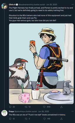 ambiguous_gender bathroom beak black_body black_feathers bracelet brush cellphone clothed clothing duo electronics feathers feral flight_suit grey_body grey_feathers harness hat head_crest head_feathers headgear headwear jewelry key_stone_(pokemon) male mirror open_mouth orange_eyes phone profanity reflection selfie sink size_difference smartphone soap text tongue toothbrush white_body white_feathers hs_seraph nintendo pokemon pokemon_trainer avian generation_4_pokemon human mammal pokemon_(species) staraptor english_text hi_res story