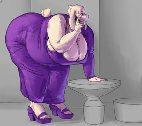2_horns 5_toes anthro bent_over big_breasts breasts cellphone cleavage clothed clothing curvy_figure dress electronics fangs feet female floppy_ears footwear grey_background high_heels horn huge_breasts huge_thighs jewelry leaning_on_table looking_aside lop_ears mature_anthro mature_female necklace overweight overweight_anthro overweight_female phone purple_clothing purple_dress purple_footwear purple_high_heels scut_tail shoes short_horn short_tail simple_background small_horn solo tail teeth thick_thighs tight_clothing toes voluptuous voluptuous_anthro voluptuous_female white_body s_miles_art undertale_(series) toriel boss_monster_(undertale) bovid caprine mammal hi_res
