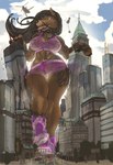 5_fingers aircraft anthro biped black_hair bodily_fluids bottomwear breasts brown_body brown_fur building building_destruction city_destruction claws clothing cloud collar day destruction ear_piercing female finger_claws fingers footwear fur hair helicopter long_hair macro muscular muscular_anthro muscular_female nipples outside paws piercing shoes sky sneakers solo standing sweat tattoo topwear underwear vehicle wet wet_clothing workout_clothing scream_(artist) violette_(galactor) canid canine canis dobermann domestic_dog mammal pinscher hi_res