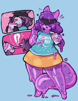 anthro barefoot beverage blindfold bottomwear clothed clothing drinking feet female food food_hair goo_transformation hair holding_beverage holding_object interrobang pseudo_hair purple_hair sensory_deprivation shirt skirt solo species_transformation standing surprised tail tail_under_skirt topwear transformation translucent translucent_body wide_hips eerieviolet felid food_creature goo_creature mammal 2020