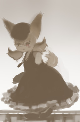 anthro bangs black_clothing black_dress black_headwear black_nose blush clothing dress eyelashes female fluffy fluffy_tail footwear frilly frilly_clothing fur hair hand_on_hip headgear headwear heterochromia jewelry kemono looking_at_viewer mouth_closed pendant pigtails red_eyes shoes short_tail smile solo standing tail tan_body tan_ears tan_fur tan_hair tan_tail walking yellow_eyes young young_female hasukii herba_(hasukii) canid canine mammal hi_res