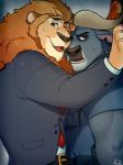 anthro anthro_on_anthro belt blush bodily_fluids clothedsuit clothing duo horn male mayor muscular muscular_male necktie police police_uniform simple_background sweat uniform kirita disney zootopia chief_bogo leodore_lionheart bovid bovine cape_buffalo felid lion mammal pantherine