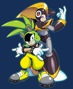 anthro armor black_armor blue_eyes clothing duo female fur gloves green_body green_fur grin handwear machine male sharp_teeth smile teeth drawloverlala capcom idw_publishing mega_man_(series) sega sonic_the_hedgehog_(comics) sonic_the_hedgehog_(idw) sonic_the_hedgehog_(series) bass_(mega_man) surge_the_tenrec afrosoricid humanoid mammal robot tenrec 2022 absurd_res alpha_channel crossover hi_res