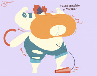 anthro big_breasts biped bottomwear breasts clothed clothing dialogue female hose hose_in_navel hose_inflation huge_breasts inflation muscular onomatopoeia orange_clothing orange_shirt orange_topwear pants pump shirt solo sound_effects standing text topwear youeversheep epic_games fortnite cate_meowdy felid feline mammal english_text hi_res
