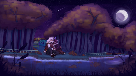anthro antlers autumn_leaves blush bottomwear brown_body brown_fur building cigarette cigarette_in_mouth clothed clothed_anthro clothed_female clothed_male clothing crescent_moon duo female footwear fully_clothed fully_clothed_anthro fully_clothed_female fully_clothed_male fur holding_arm horn intimate jacket light male male/female moon moonlight night object_in_mouth outside pants plant river romantic romantic_couple shoes short_tail sky smile smoking smoking_cigarette sneakers star tail tail_motion tailwag topwear town tree water stephsartlab deltarune undertale undertale_(series) asriel_dreemurr dess_holiday bovid caprine deer goat mammal new_world_deer reindeer 16:9 hi_res widescreen